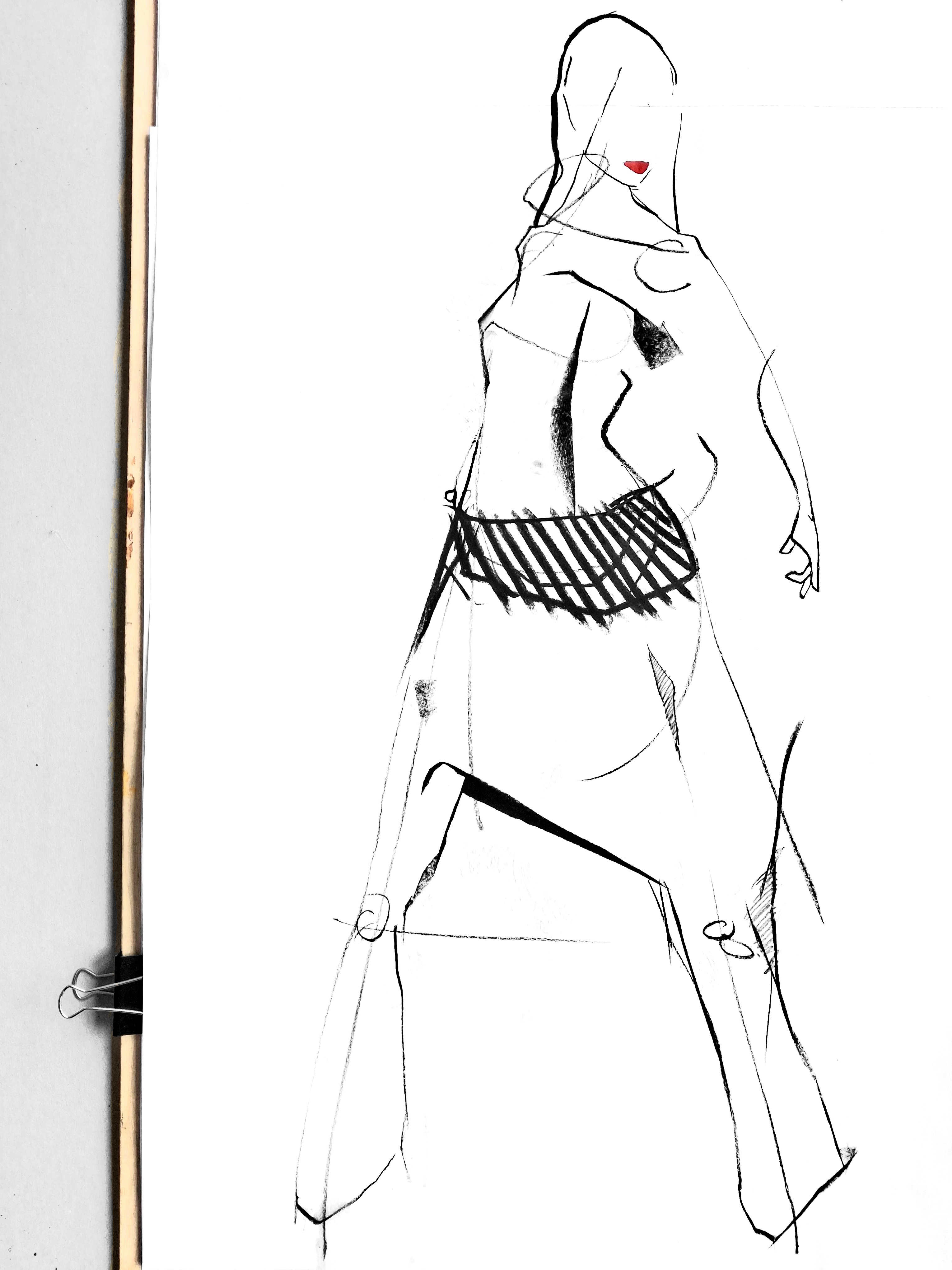 Durch Linien auf dem Blatt gewonnene Form eines Hosenrocks mit Taschen auf eigener Modefigurine in A-Silhouette im übergroßem Format auf Staffelei mit Kohle gezeichnet. Modezeichnung Format A2+ aus der Bewerbungsmappe Studium Modedesign.